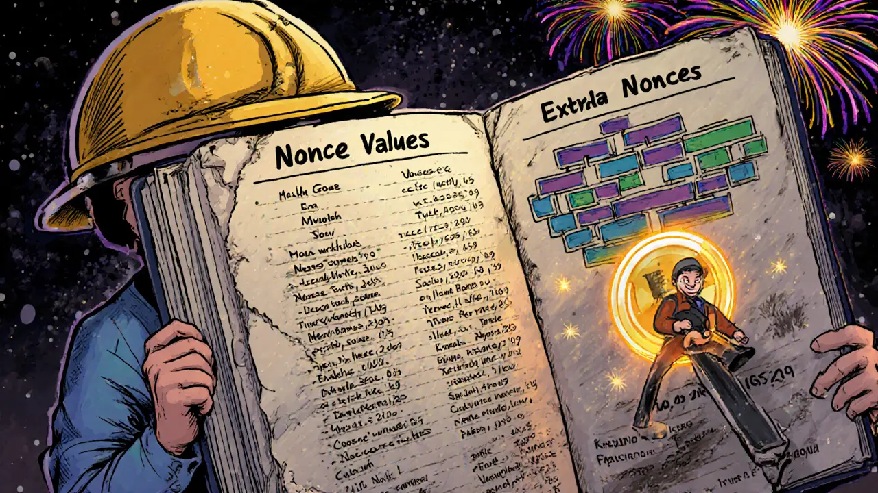 A miner flipping the last page of a nonce book as an extra nonce lever activates and reshuffles the Merkle tree.