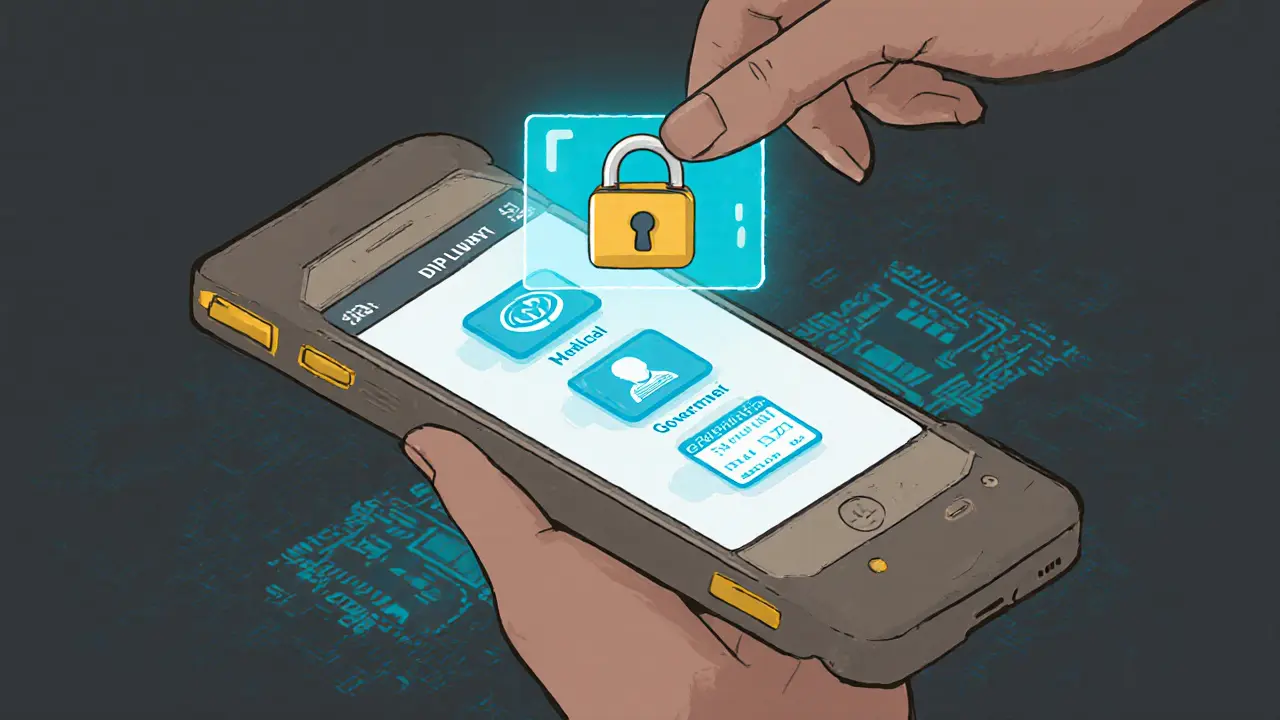 A smartphone showing a digital wallet with secure credentials glowing inside a vault interface.