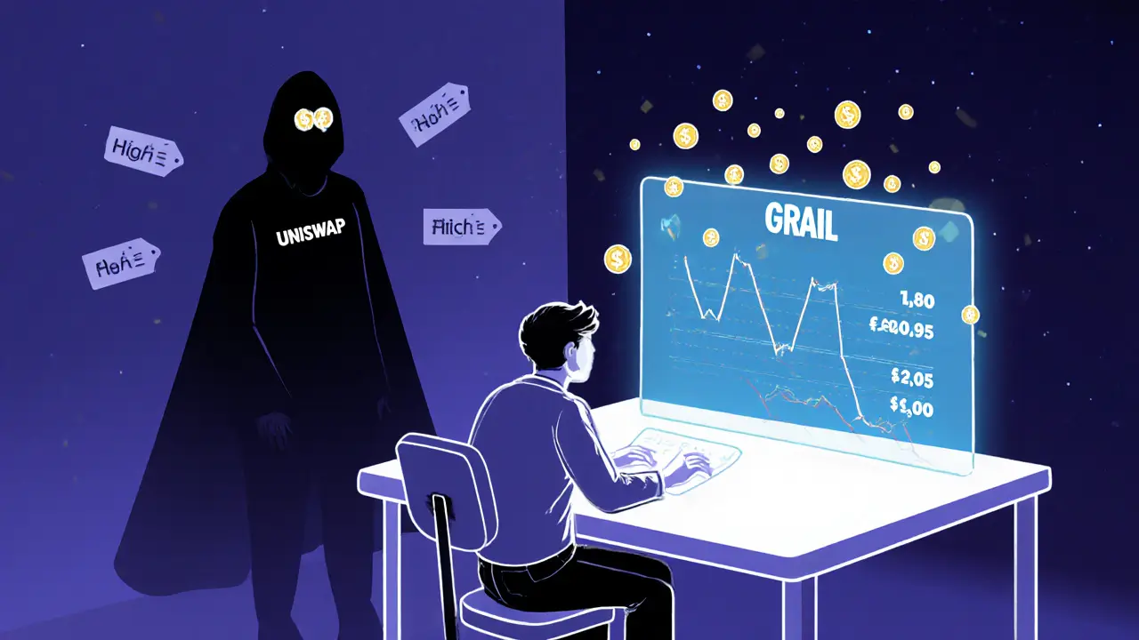 A trader watching a holographic liquidity range with $GRAIL rewards raining down, while Uniswap fades in the background.