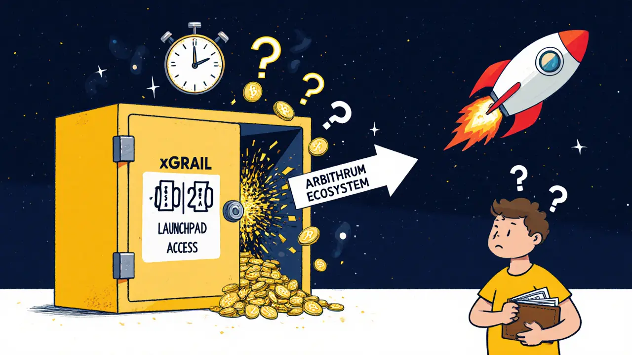 A vault labeled &#039;xGRAIL&#039; unlocking with rewards and launchpad access as a rocket labeled &#039;Arbitrum&#039; soars into space.