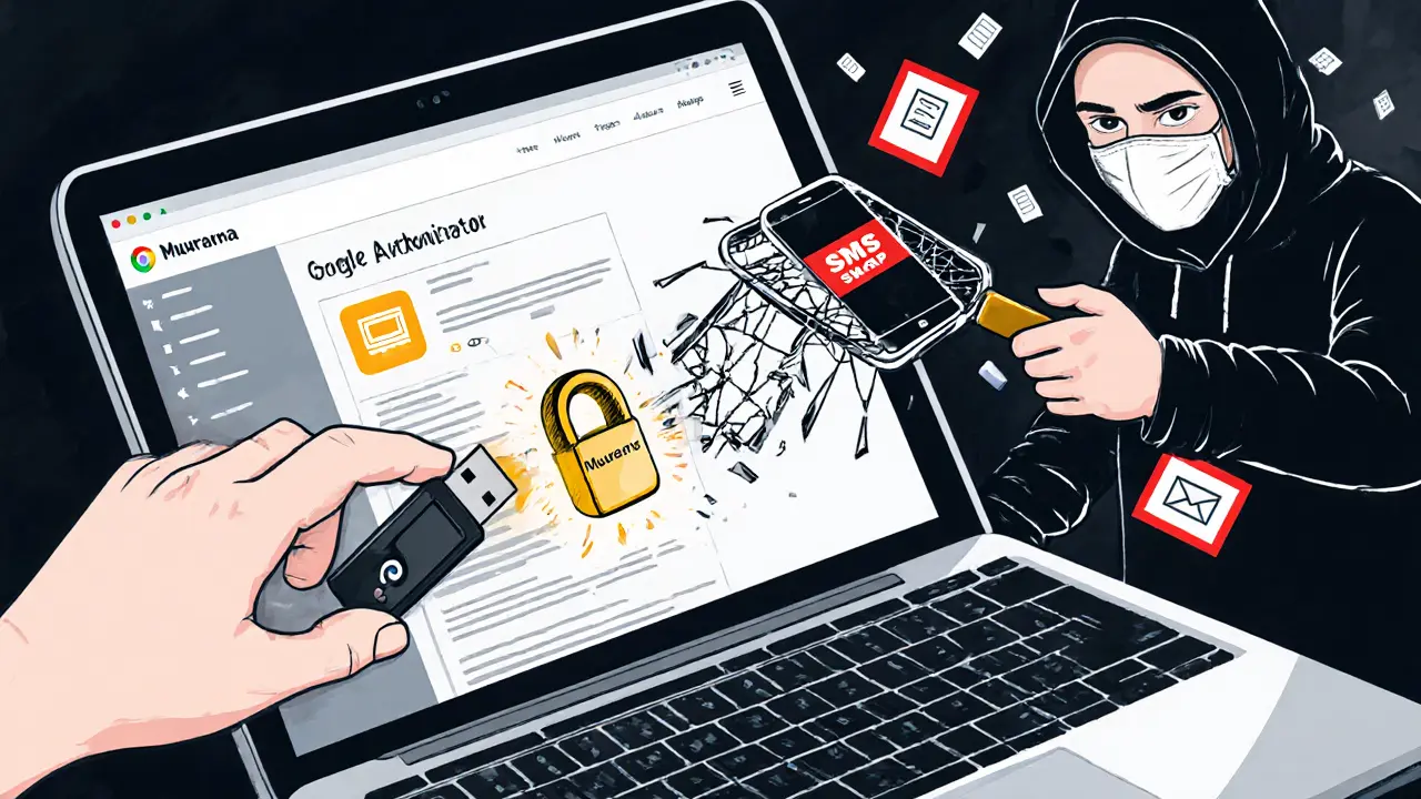 A YubiKey physically blocking a hacker's phishing attempt with a glowing secure connection.