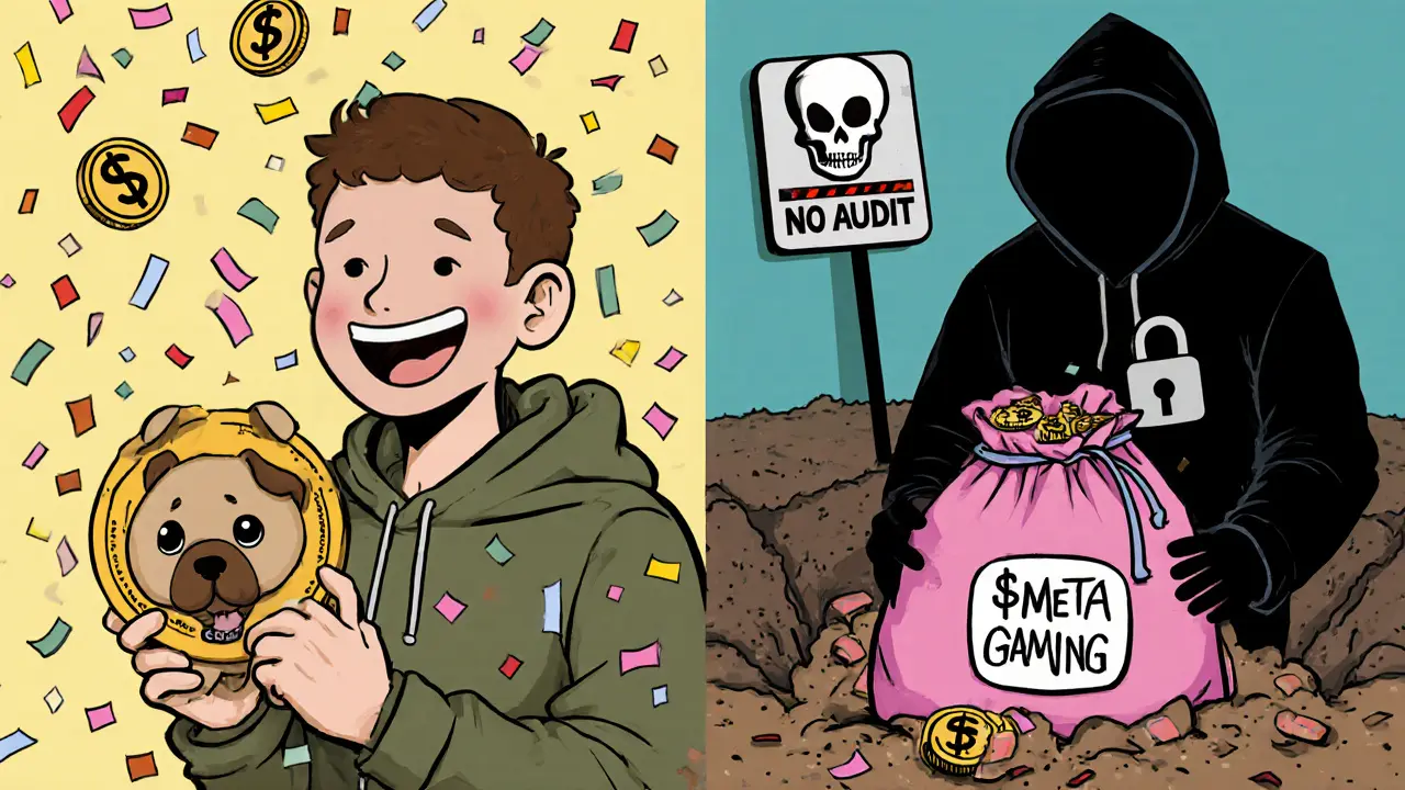 Cartoon split scene showing a successful meme coin launch versus a rug pull with broken PinkLock.