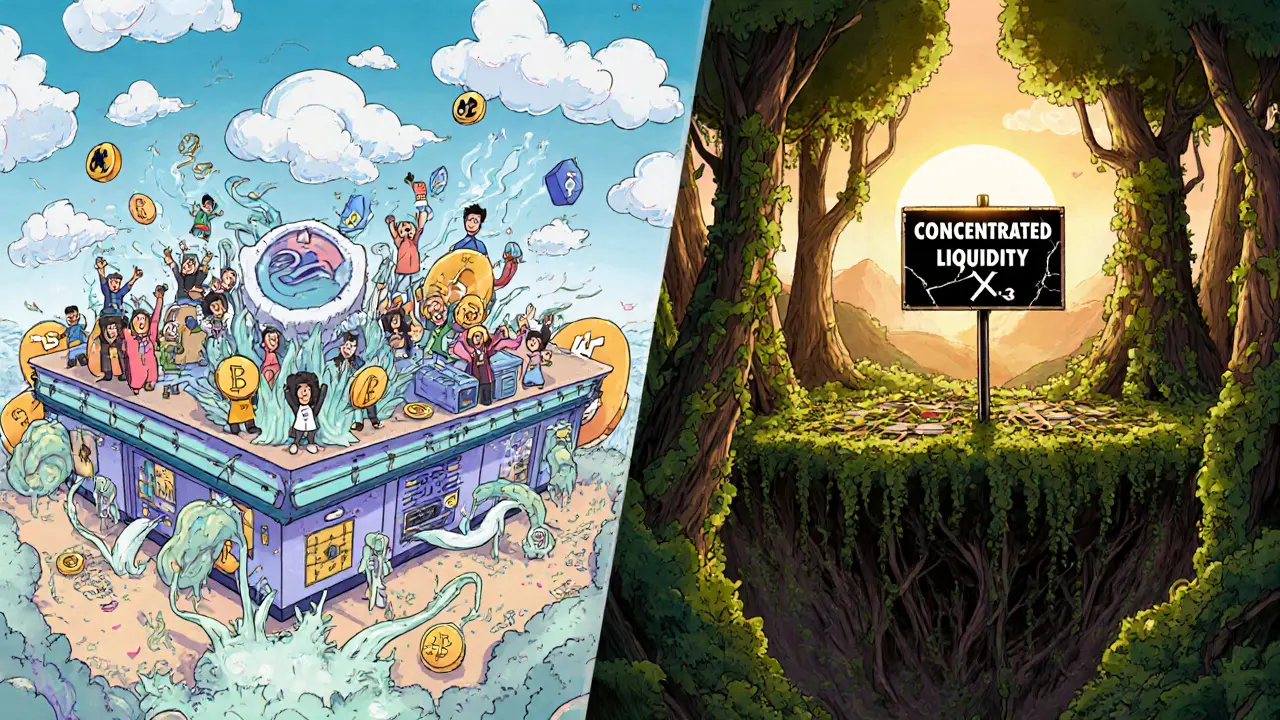 Contrasting vibrant DeFi hub with overgrown, forgotten Pangea Swap platform covered in vines.