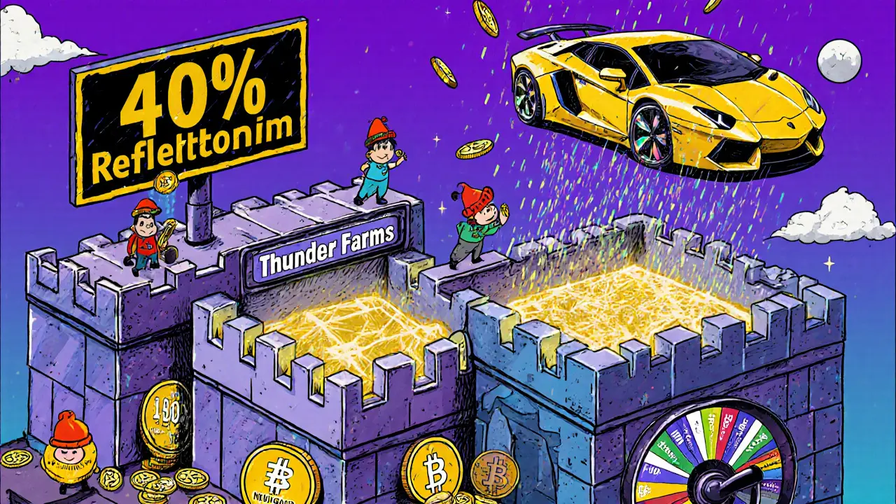 Fortress of THOREUM tokens with staking pools and Lamborghini lottery in the sky, hand-drawn illustration.