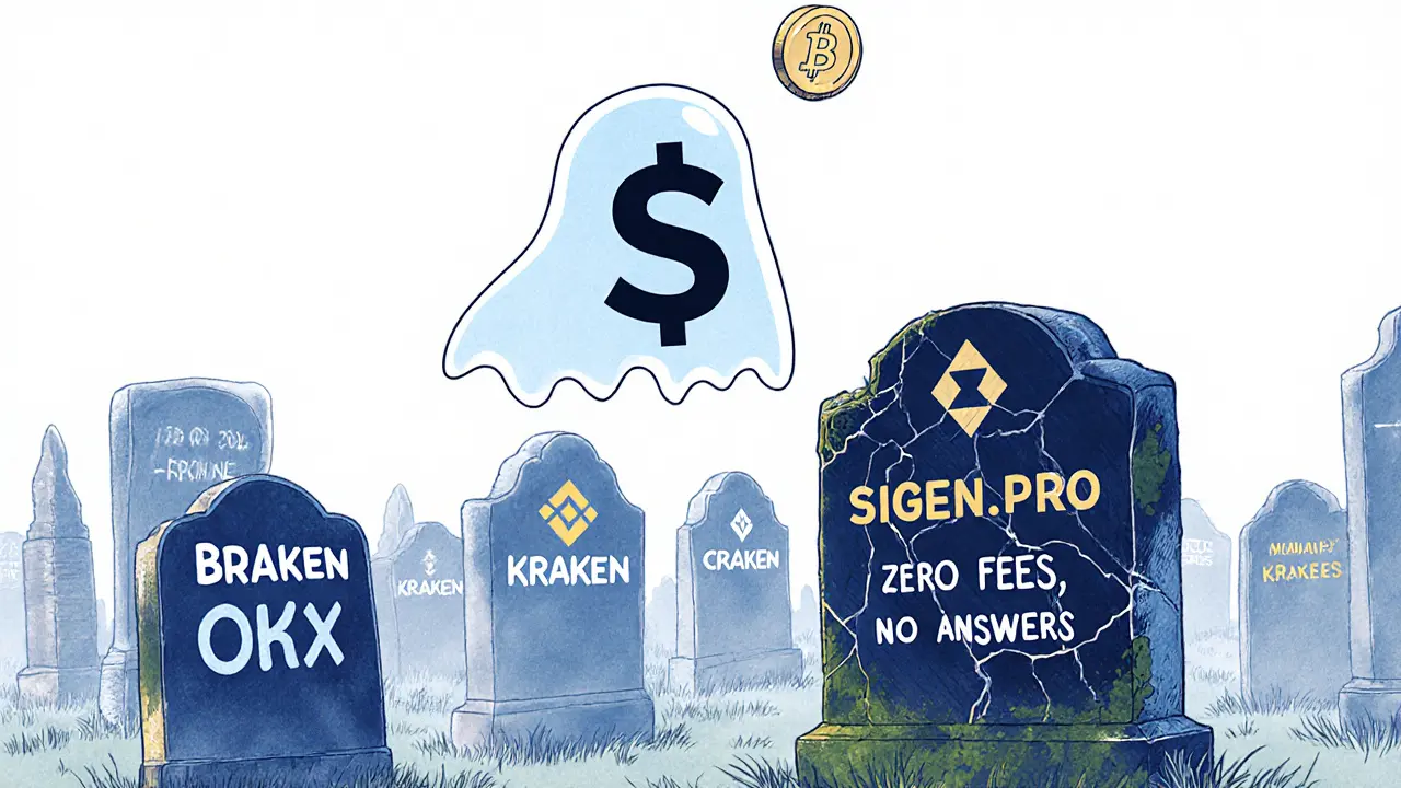 Ghostly SIGEN.PRO logo above a crypto exchange graveyard, with one fading coin above its cracked tombstone.