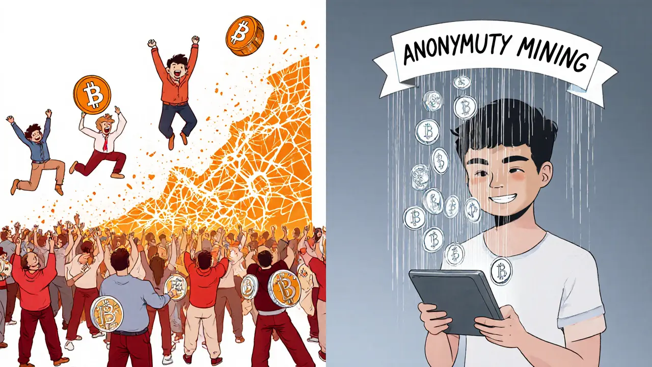 Left: investors celebrating a crashing token chart; right: one user calmly earning MCASH through privacy transactions.