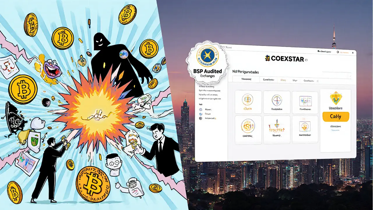 Split scene: chaotic unregulated crypto market vs. calm, simple COEXSTAR trading interface.