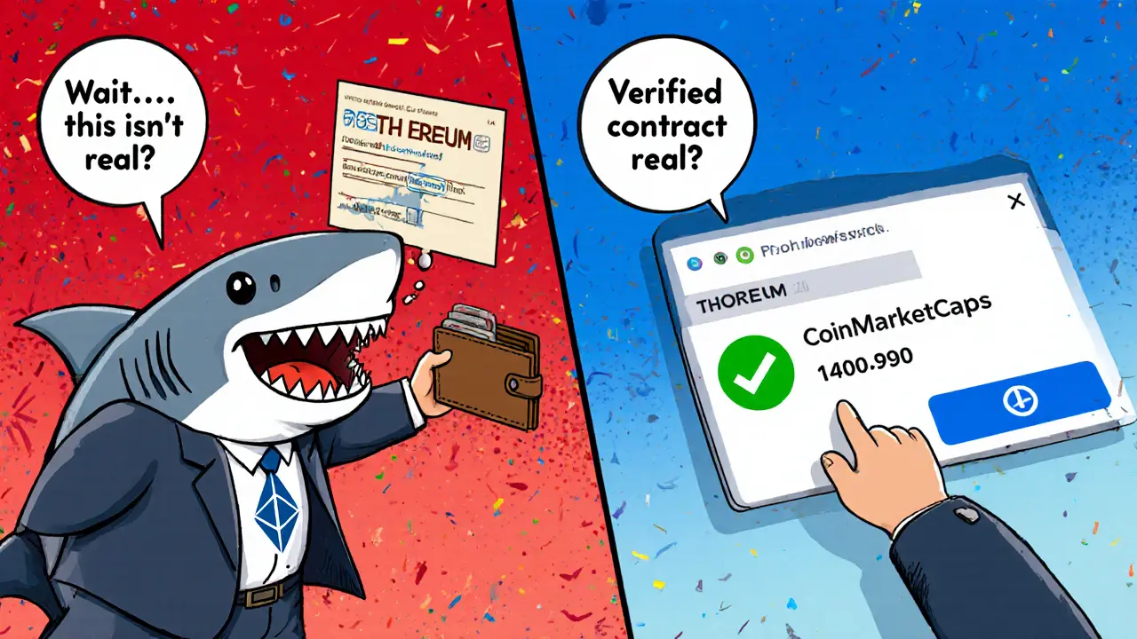 Split scene: scam link vs. safe PancakeSwap purchase, cartoon style with color contrast.