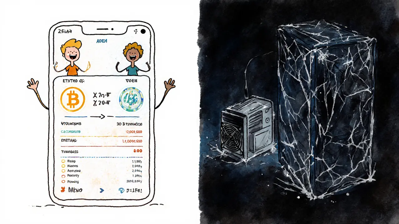 Split-screen: active crypto trading interface vs. the same frozen, web-covered interface with error message.