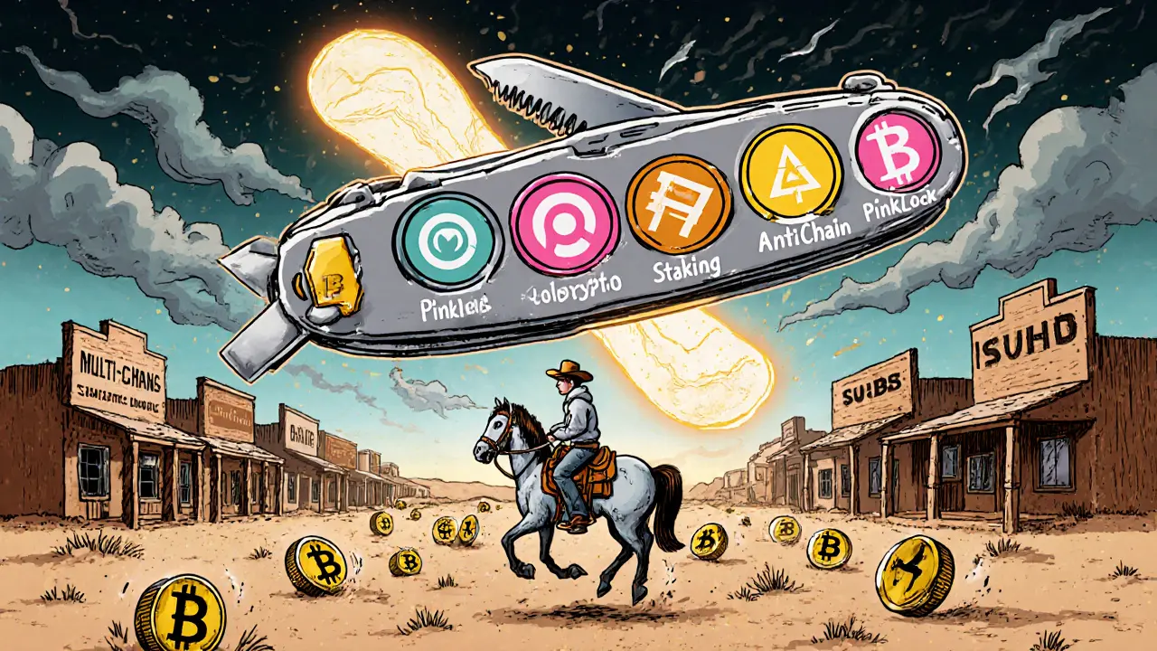 Swiss Army knife made of crypto tools floating over a wild-west crypto town with a cowboy on a BNB horse.