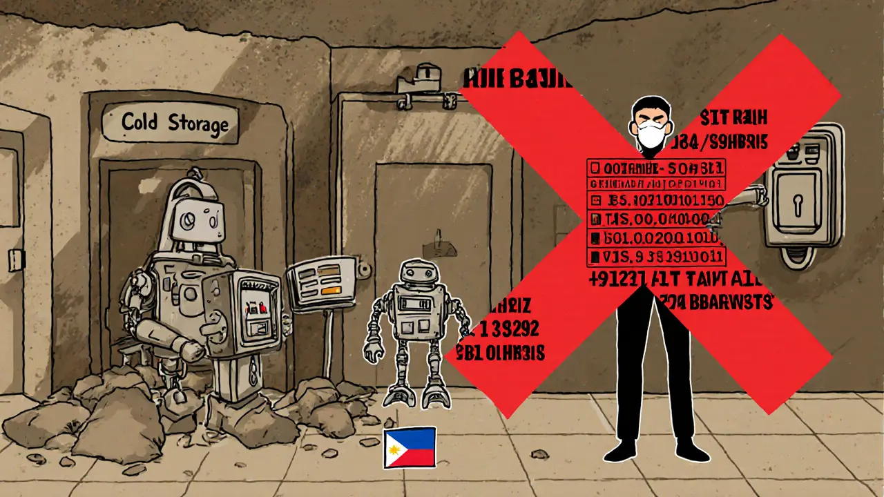 Underground cold storage vault protected by 2FA and encryption, blocking a hacker.