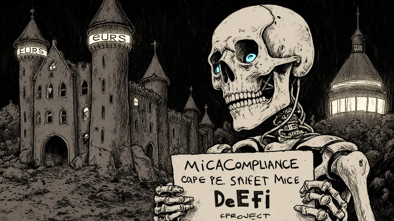 A broken robot labeled 'Copied from Stack Money' stands before a crumbling DeFi castle.