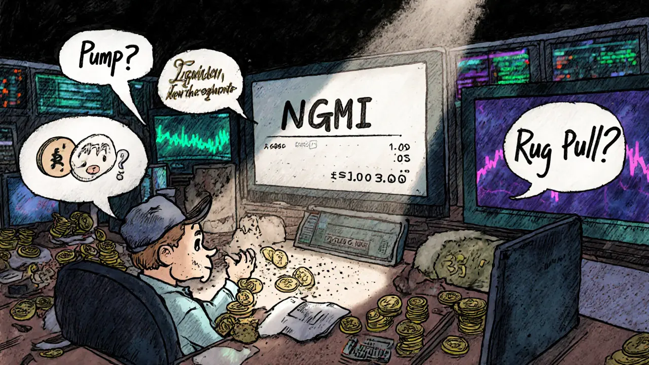 A chaotic crypto trading floor where NGMI has zero volume while other coins thrive in the background.