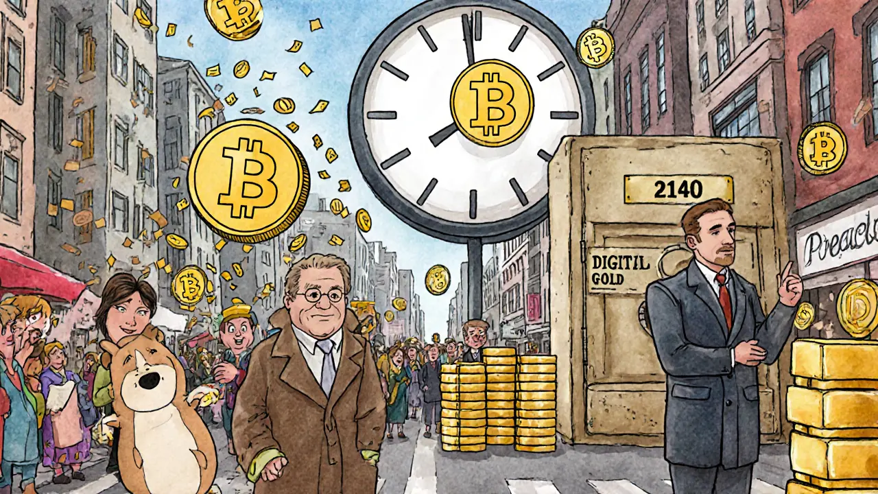 A city divided: one side celebrates with Dogecoin, the other stores Bitcoin like gold bars