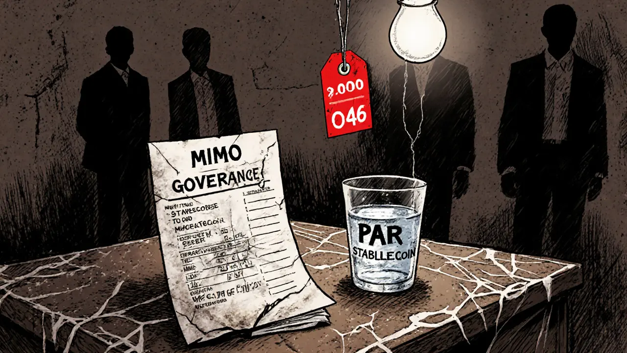 A cracked voting ballot for MIMO sits on a dusty desk with a fading price tag on the wall.