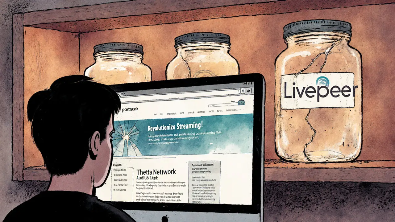 A person stares at a dusty POP Network website while other successful streaming platforms glow on shelves behind them.