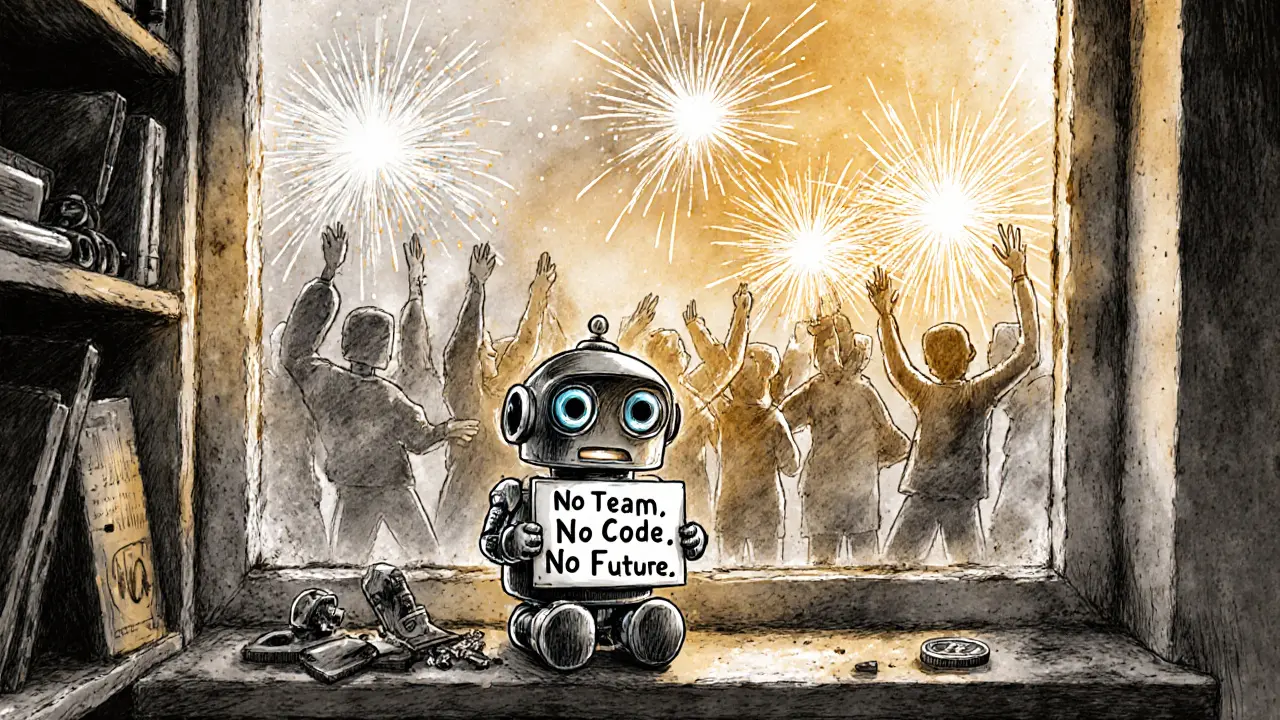 A sad robot labeled NGMI Token sits abandoned on a shelf while other crypto projects celebrate outside.