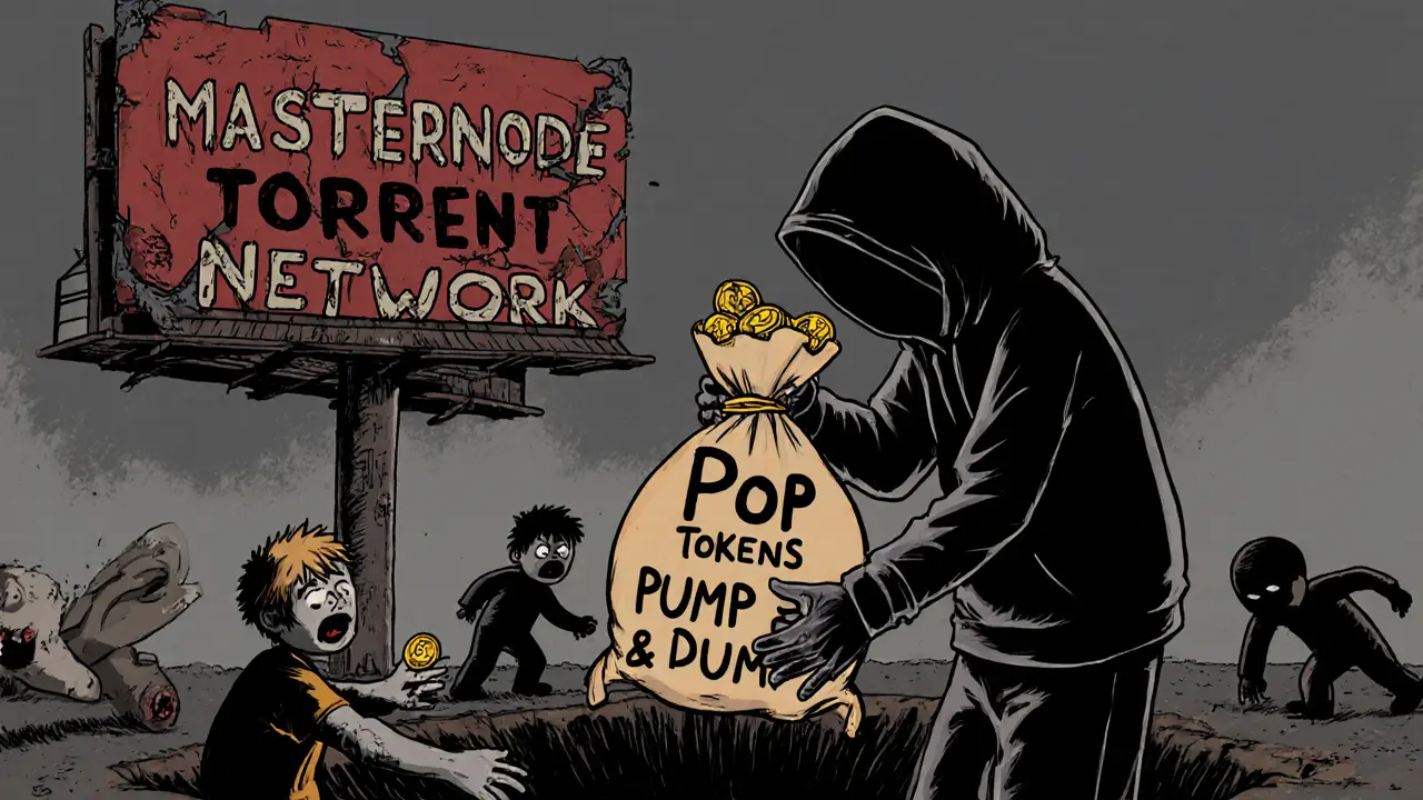 A shadowy figure dumps POP tokens into a 'Pump & Dump' pit as others reach out, under a crumbling billboard.