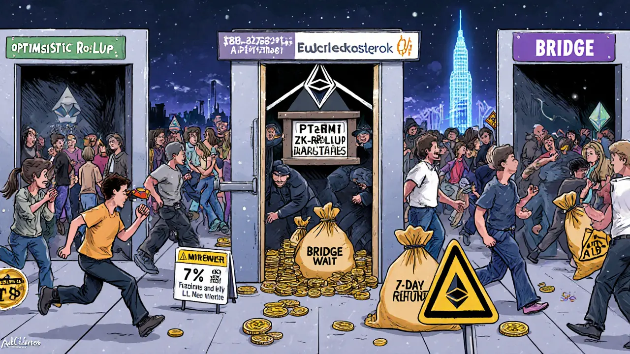 Crowded marketplace with thieves stealing from a bridge door labeled as the source of 78% of Layer 2 losses.