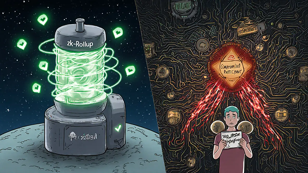 Split illustration of a zk-Rollup machine with math symbols and a broken cryptographic component leaking red sparks.