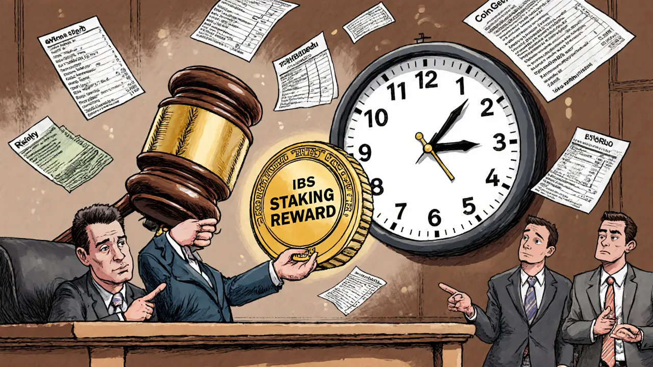 A courtroom with a blockchain gavel, taxpayer holding a staking reward, and IRS agent pointing to a ticking clock.