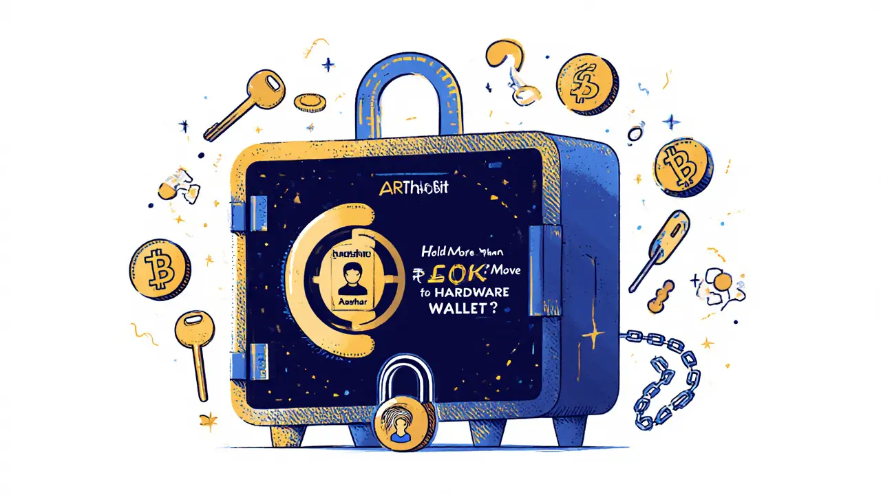 A glowing crypto vault with Aadhaar and selfie icons as locks, hinting at security and a note to move funds to a hardware wallet.