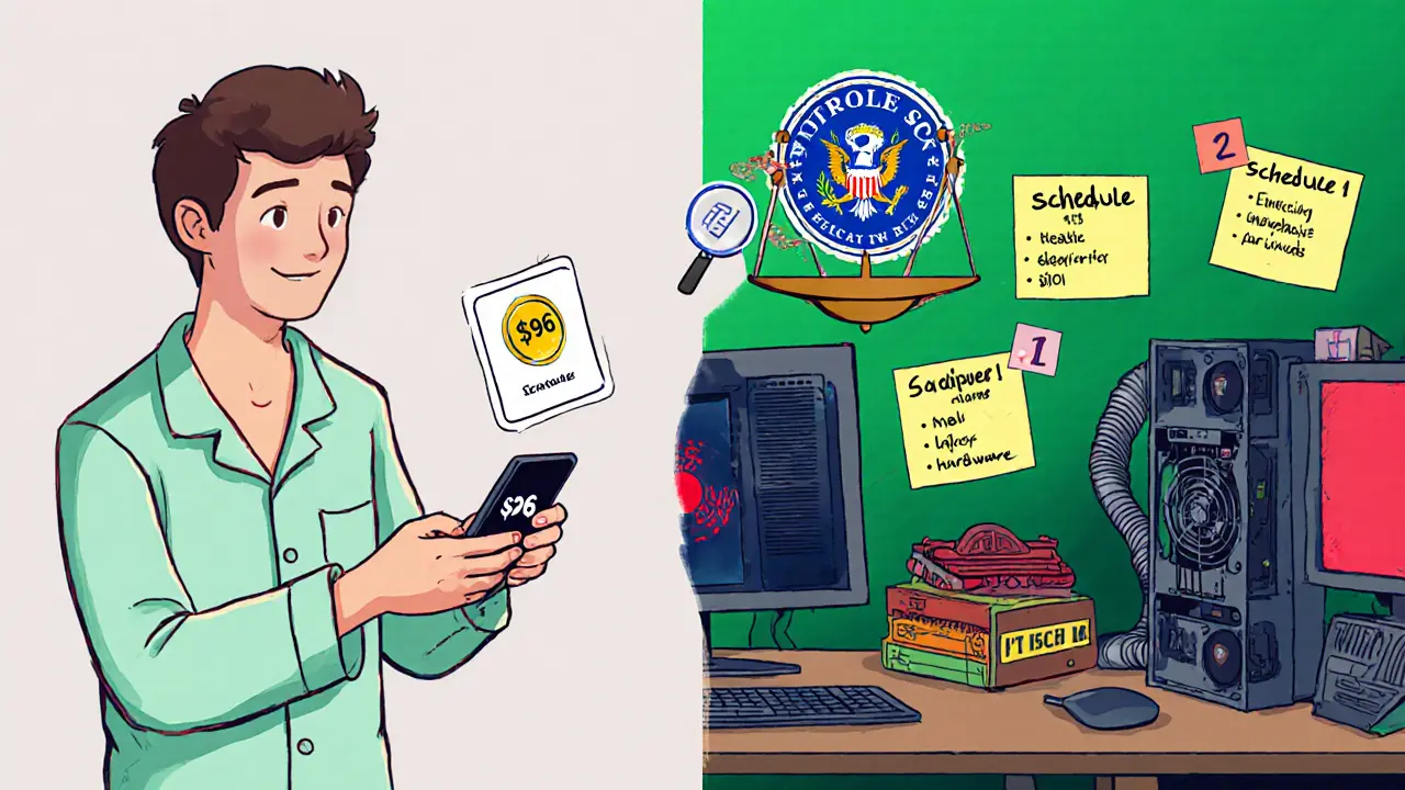 A hobbyist and business staker side by side, showing different tax reporting paths with crypto and deduction visuals.