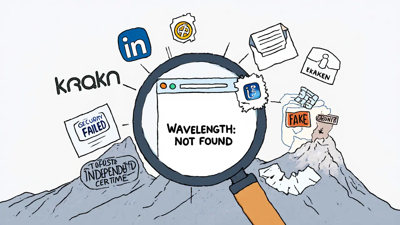 A magnifying glass reveals missing elements of a non-existent crypto exchange.