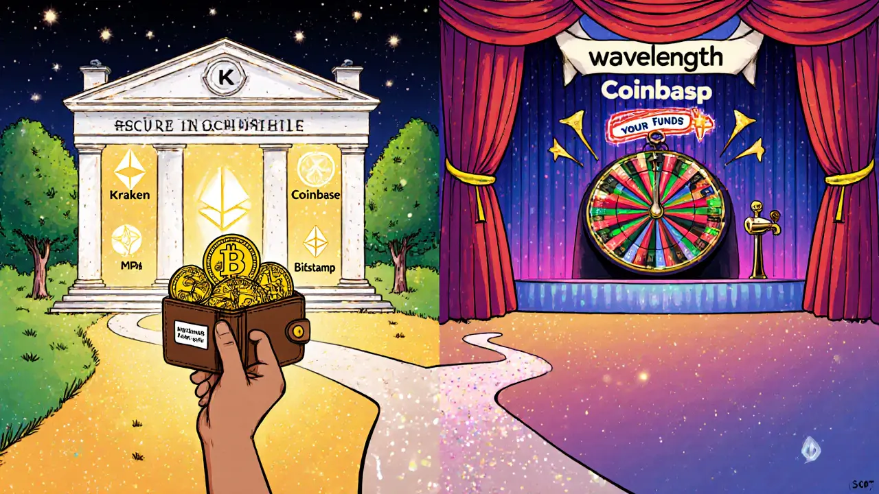 A person chooses between a secure real exchange and a deceptive fake platform with a roulette wheel.
