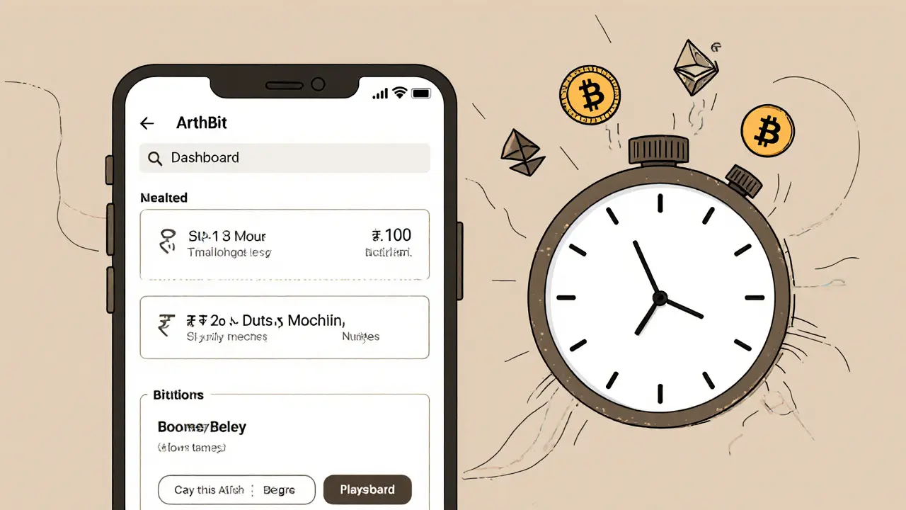 A simple ArthBit app interface showing a ₹100 buy option and a SIP timer, with rupees flowing into crypto wallets.