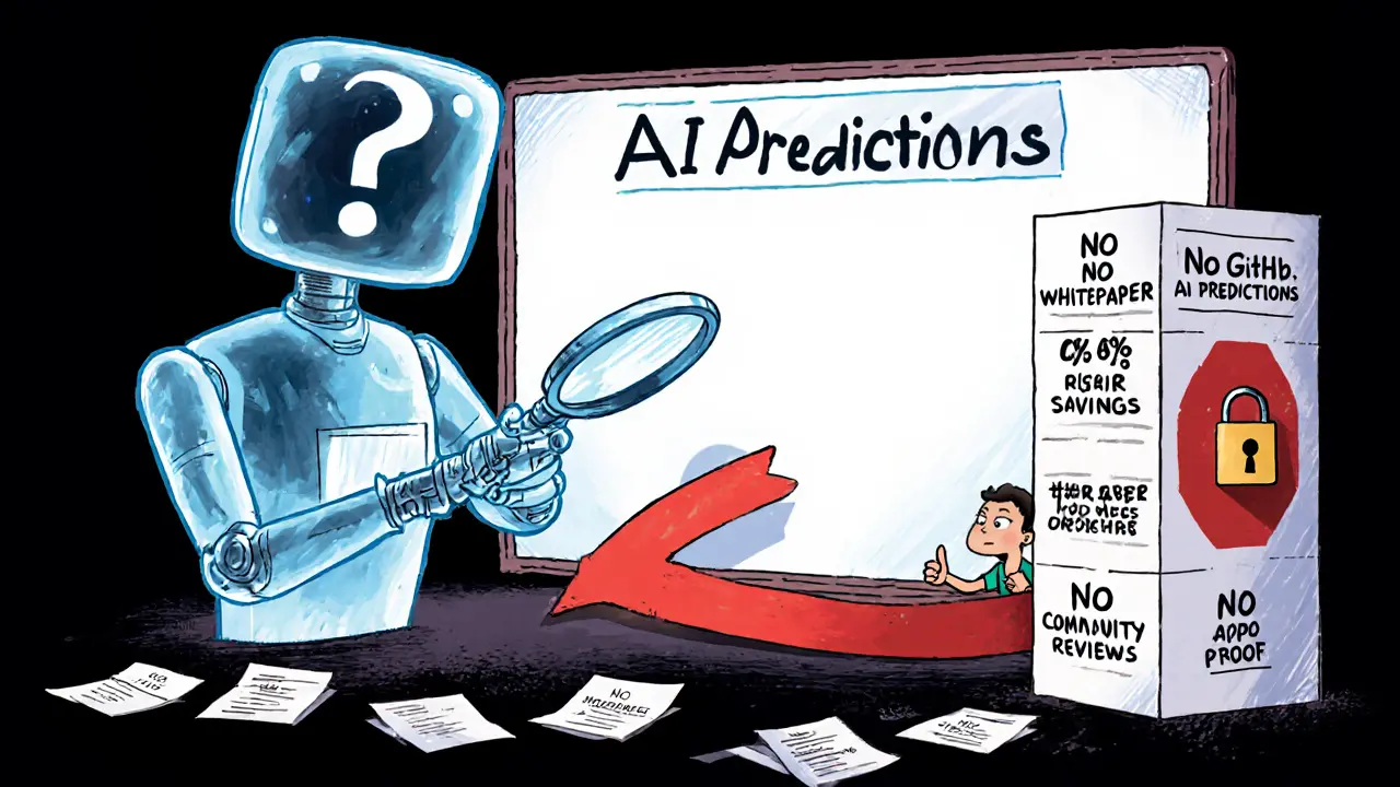 An AI robot with a question mark head staring at a blank board labeled 'No Whitepaper' while a user is locked out of savings.