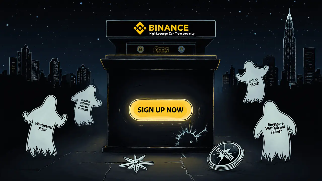 An empty crypto exchange platform with ghostly lost users and a broken license shield, while Binance glows safely in the distance.