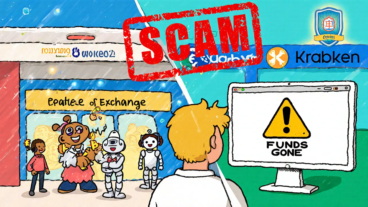 A person losing crypto to a scam on the left, while on the right, they face a blank screen with a &#039;Funds Gone&#039; warning.