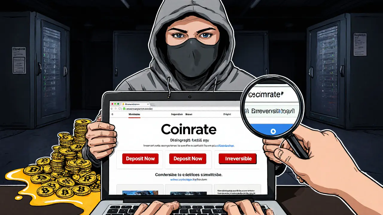 A scammer with a laptop showing a fake Coinrate site, stealing Bitcoin while a domain registration date is revealed.