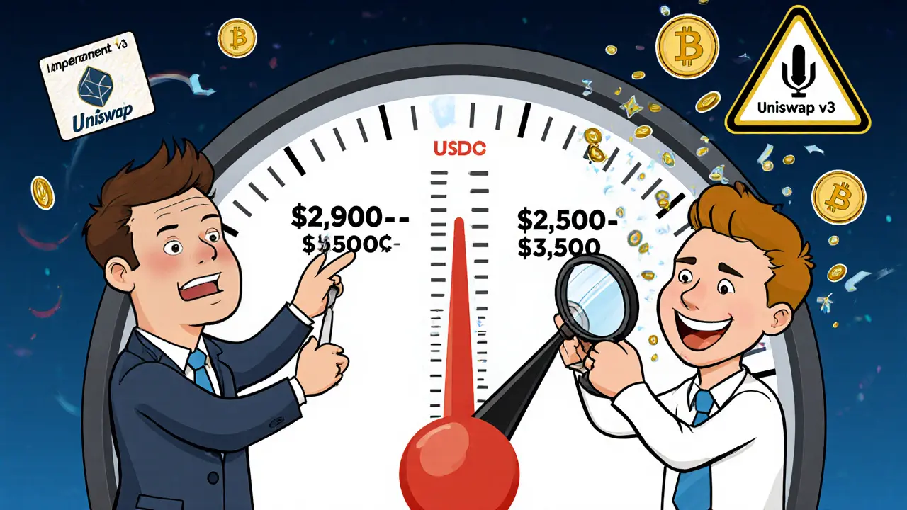 A trader adjusting narrow price ranges for liquidity, with fees raining down on the wide range but not the narrow one.
