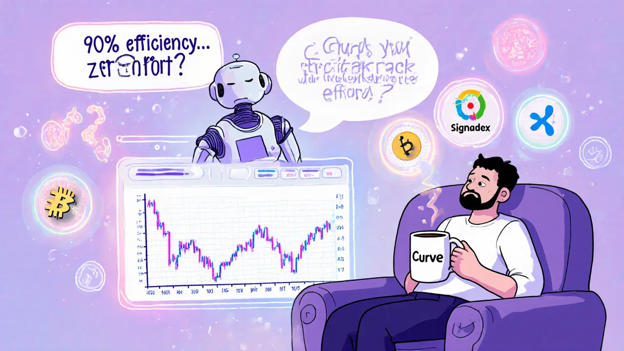 AI robots auto-managing DeFi liquidity while a user relaxes, surrounded by protocols like Curve and DODO.