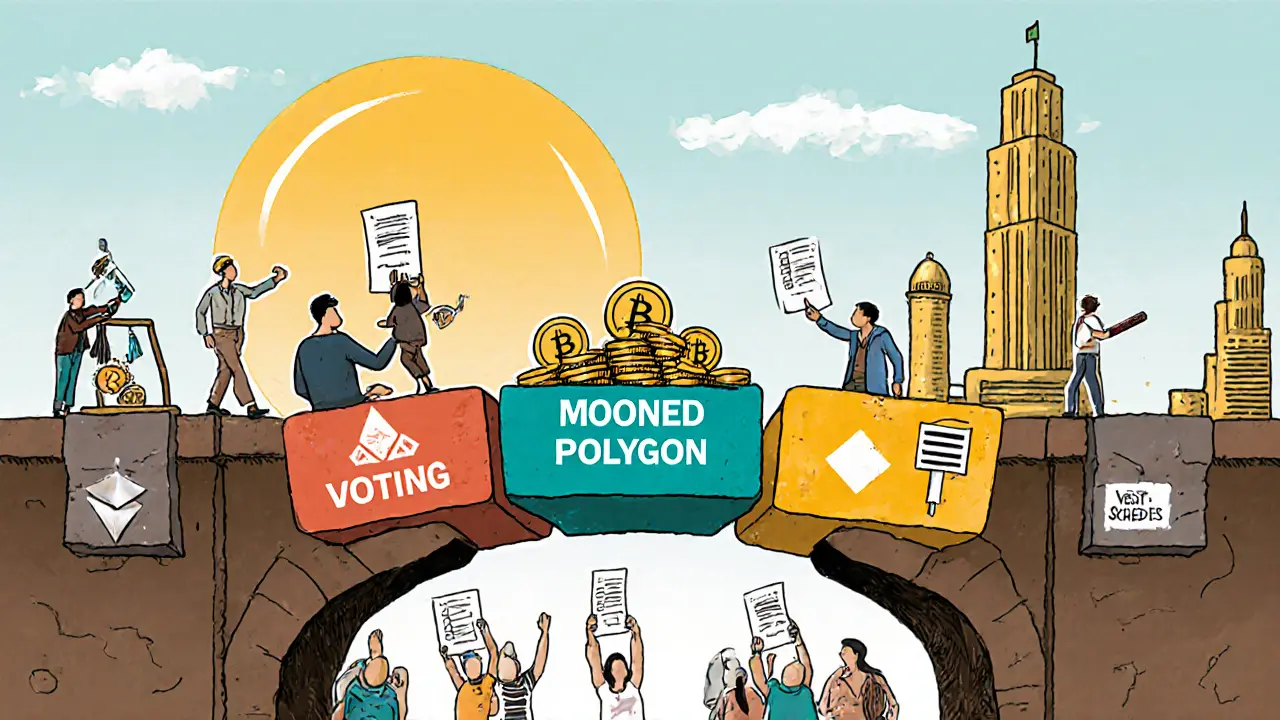 Colorful bridge connecting multiple blockchains with users transporting MOONED tokens, representing MoonEdge's multi-chain expansion.