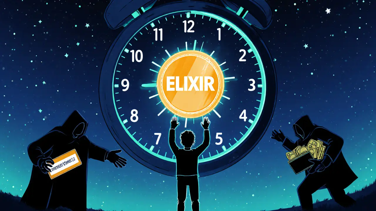 Countdown clock with ELIXIR token being pulled by shadowy scammers as light shines above.