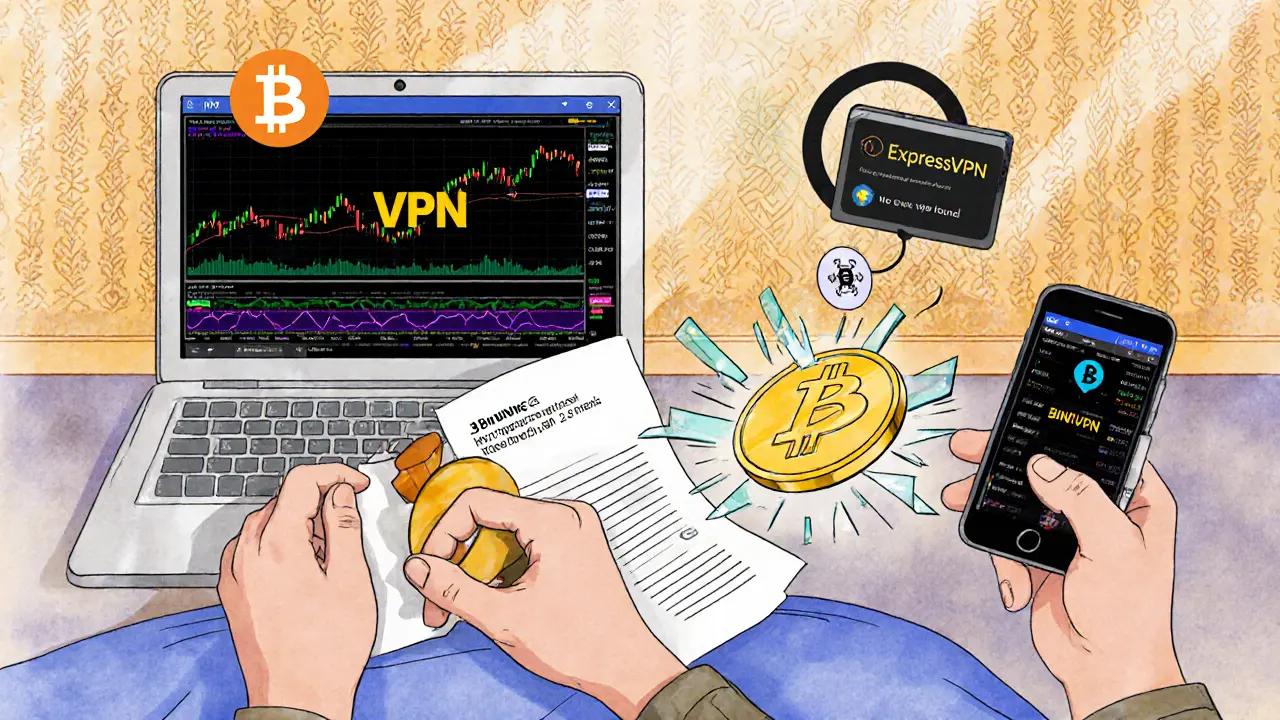 Crypto trader securely storing a seed phrase while using a VPN, with malware blocked and trading charts visible on screen.