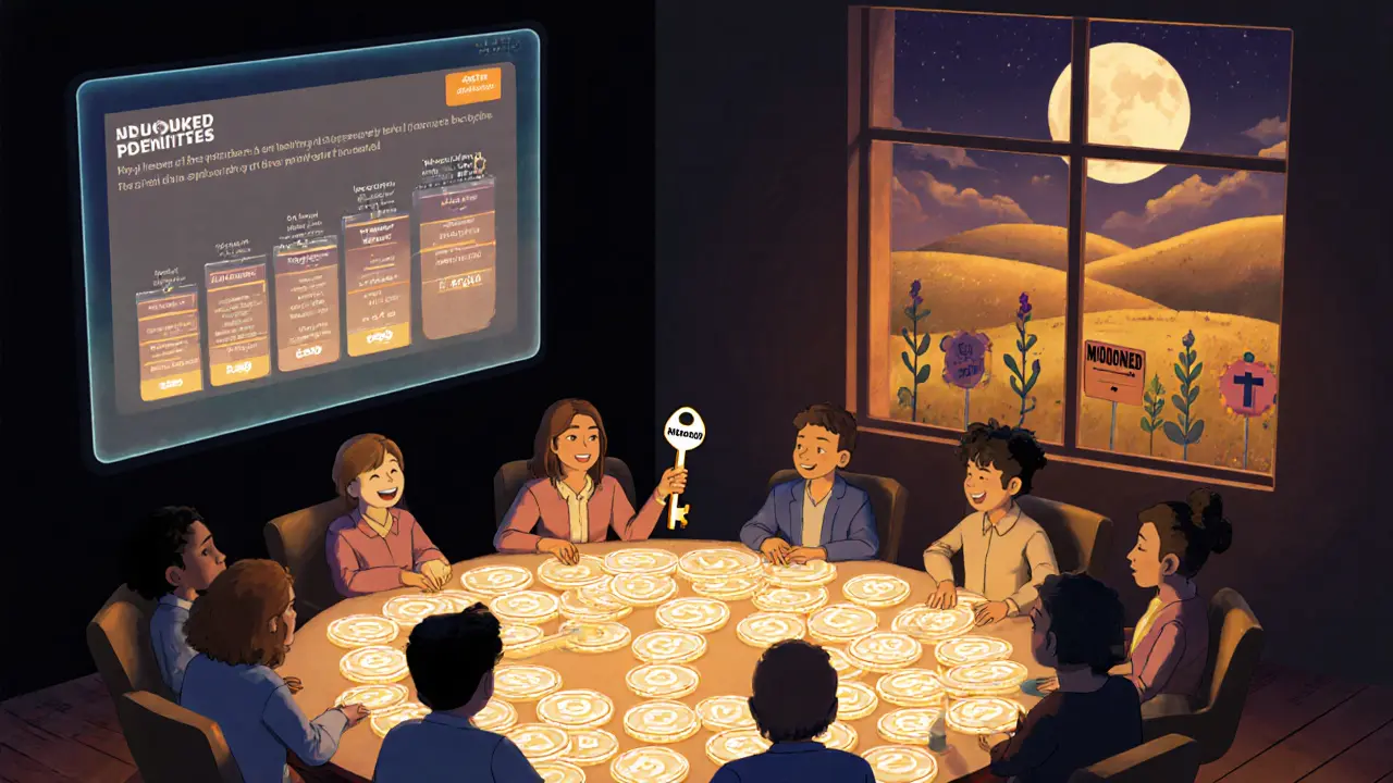 DAO meeting with avatars voting around a table of glowing MOONED tokens, symbolizing community governance and long-term commitment.