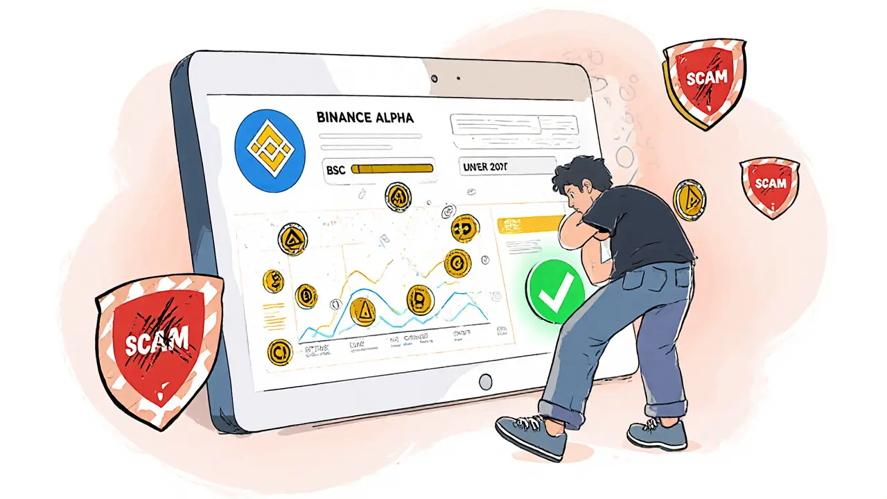 Person monitoring Alpha Points on Binance dashboard with scam warnings around them.