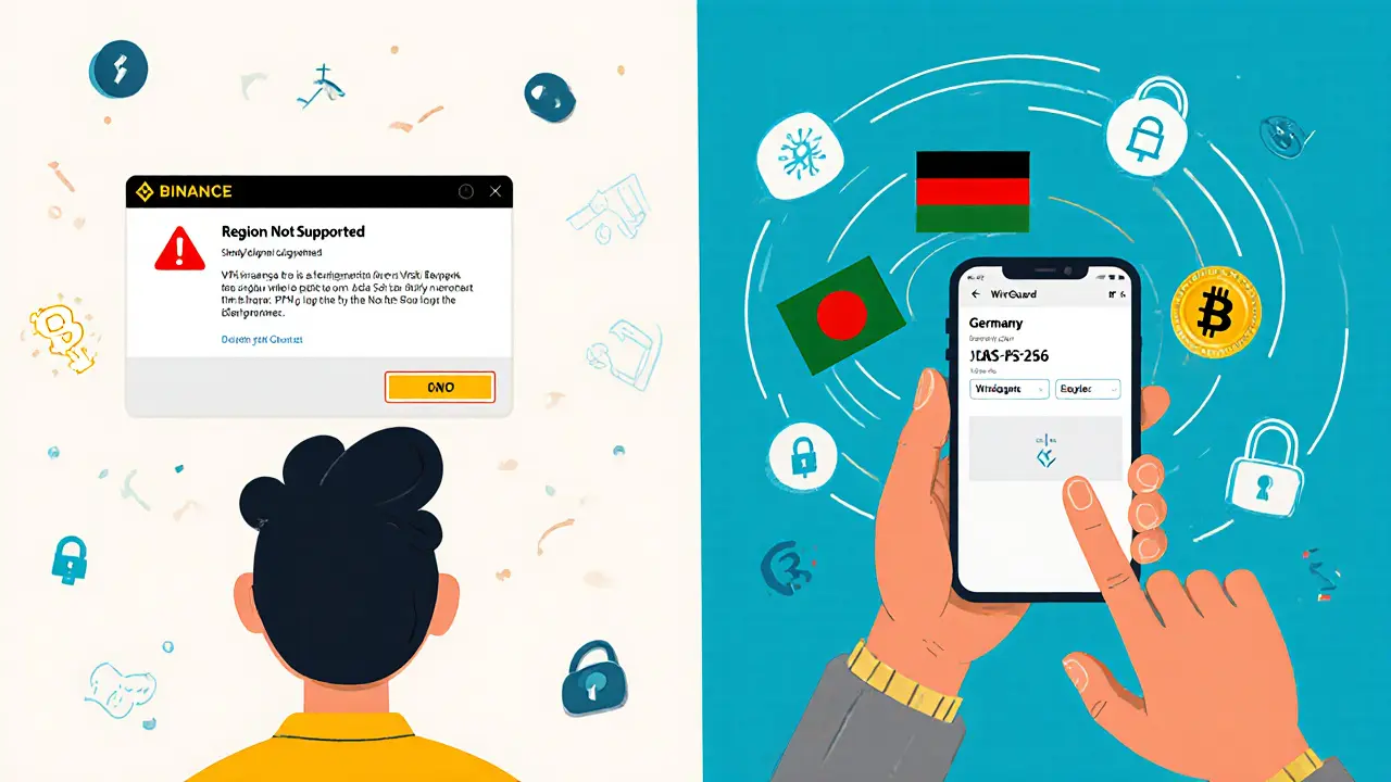Split illustration: blocked crypto access vs. successful access via VPN with encrypted symbols and server location change.