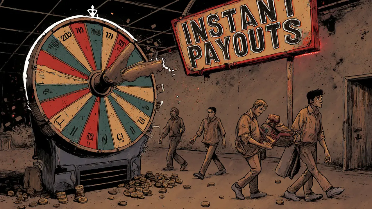 A broken casino wheel spins in an empty arcade as players walk away from worthless BAZED tokens.