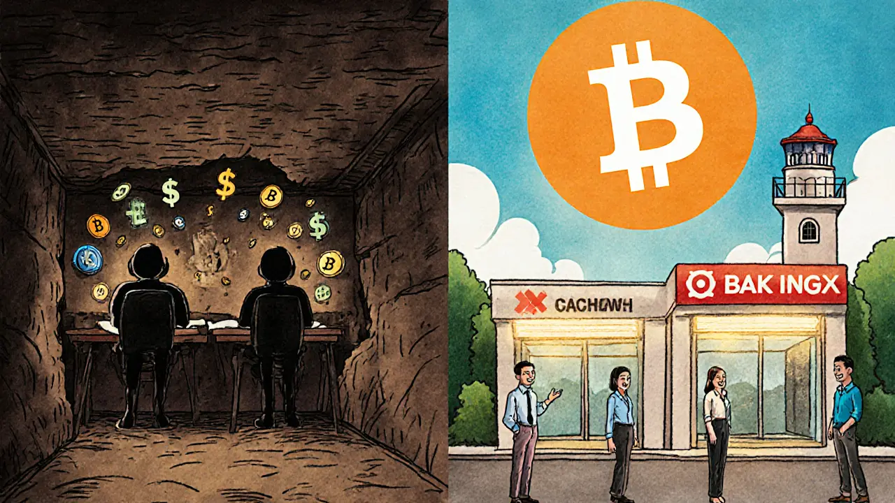 A dark crypto scam compound contrasted with bright licensed exchanges and a glowing Bakong app tower in the background.