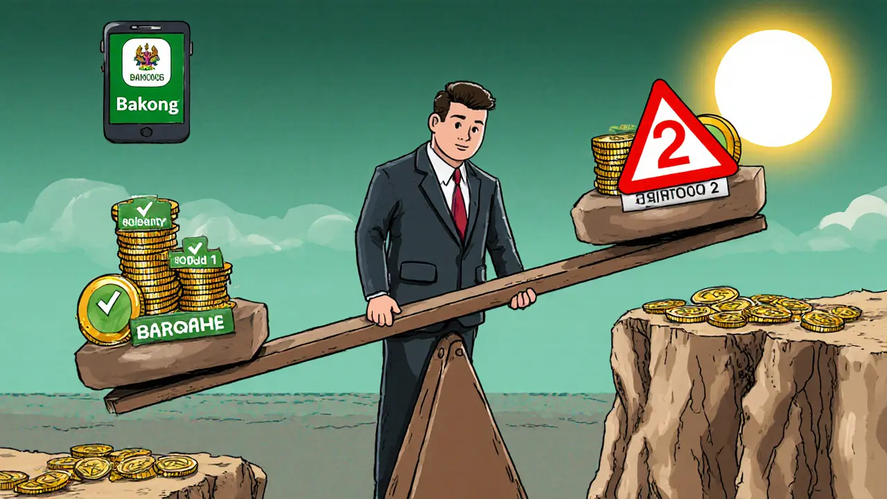 A seesaw balance with regulated stablecoins on one side and volatile Bitcoin on the other, overseen by a National Bank official.