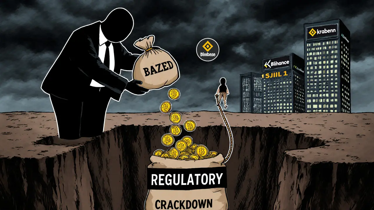 A shadowy figure dumps BAZED tokens into a regulatory pit while a trader clings to a rope labeled 'MY SAVINGS'.