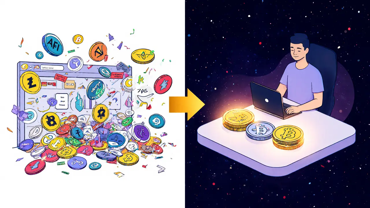 A split scene contrasting chaotic altcoin trading on one side with calm, focused ETH and stablecoin swaps on the other.