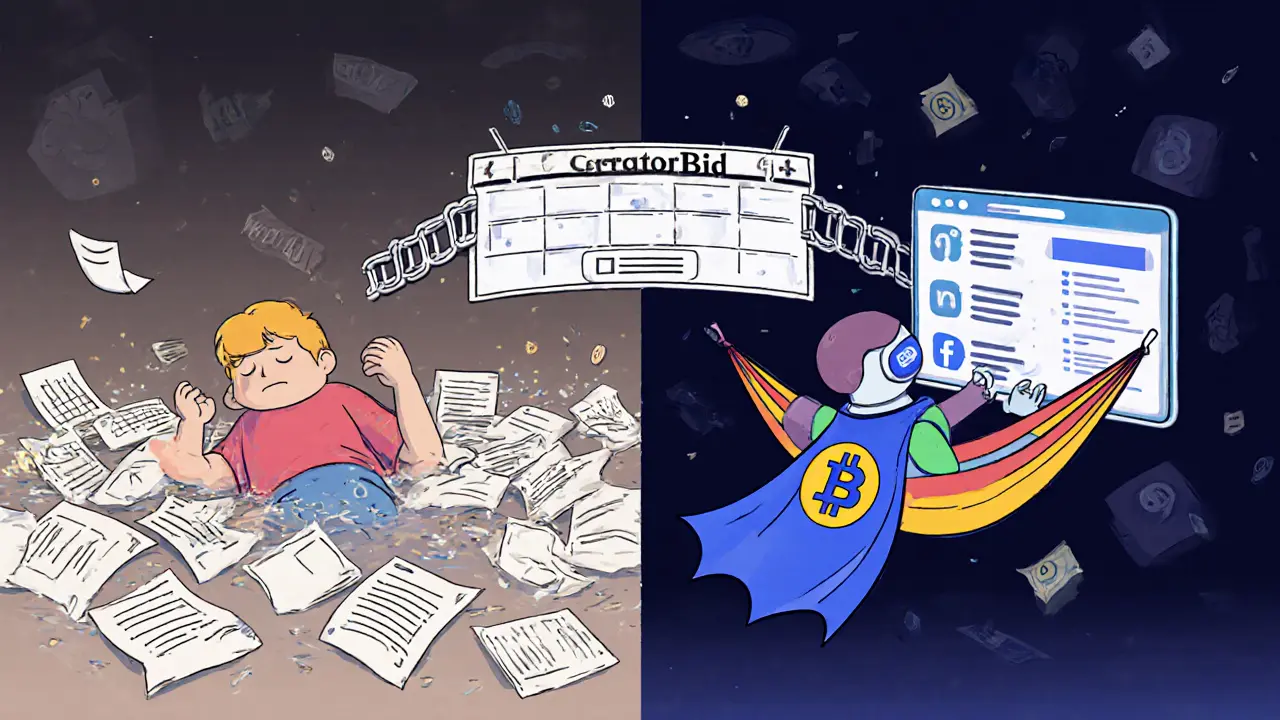 A tired creator on one side, their AI agent working autonomously on the other, connected by a blockchain bridge.