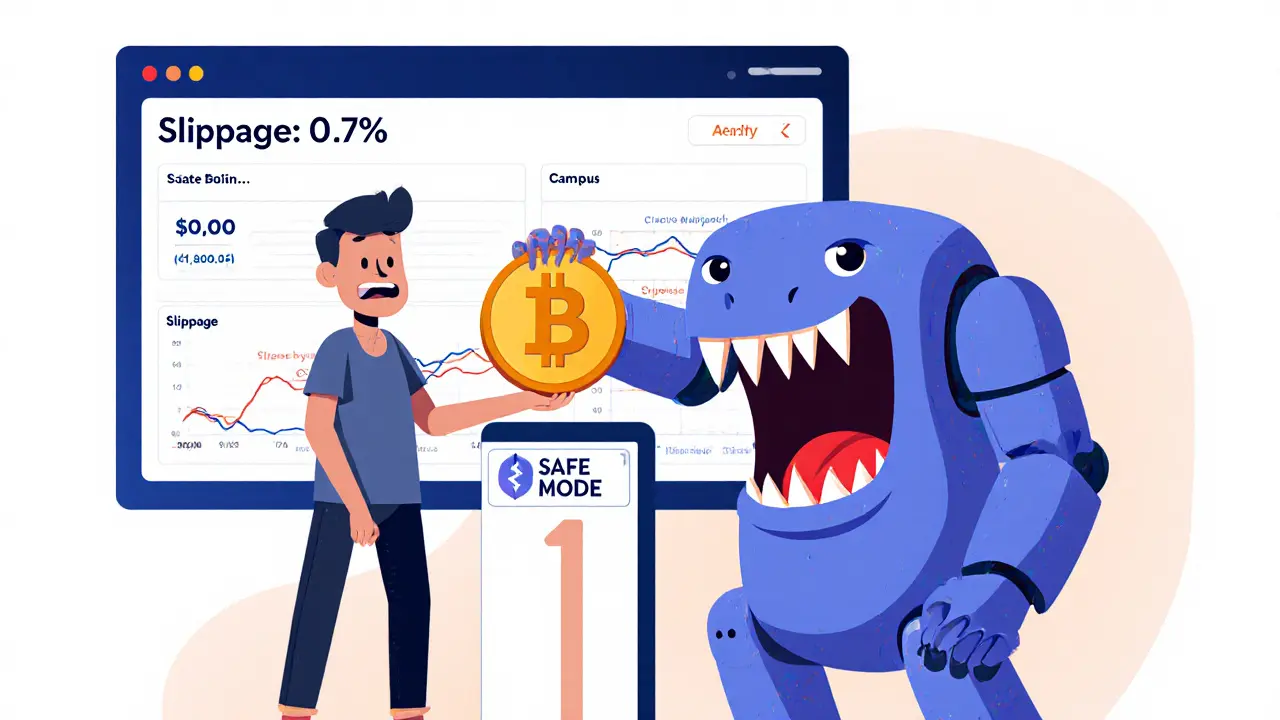 A trader protected by Safe Mode from a slippage monster, with low gas and slippage stats displayed clearly.