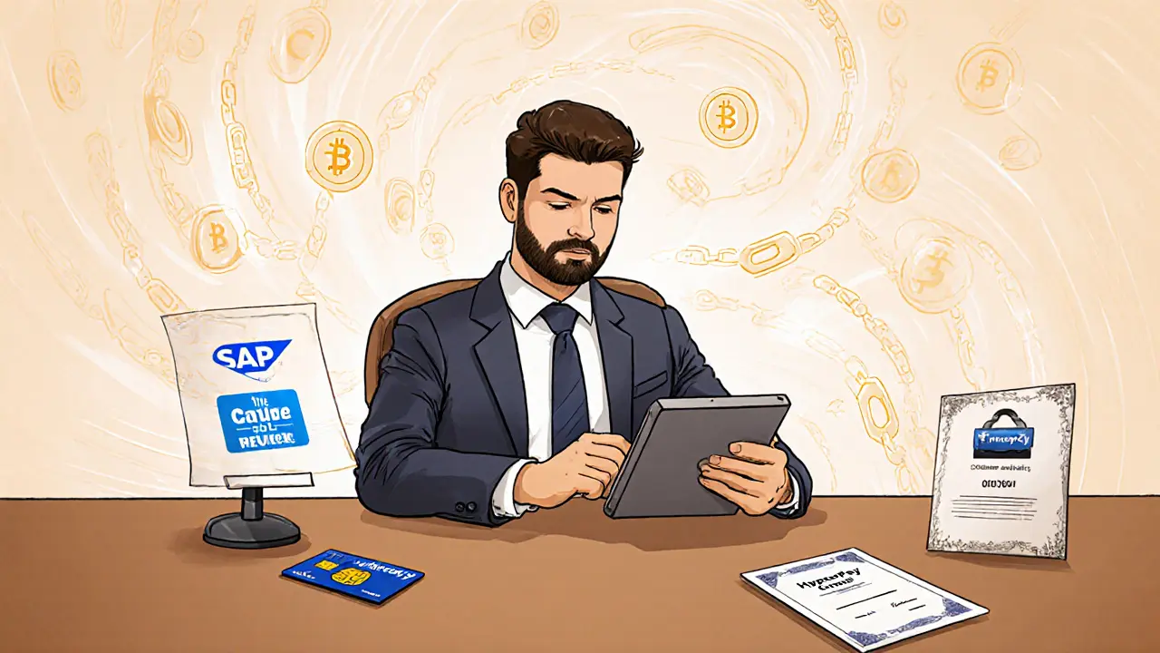 Business professional using HyperPay Wallet in a Dubai office with compliance symbols and a credit card on the desk.